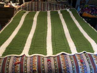 Vintage Handmade Green And White Striped Afghan Crochet Knitted Blanket Throw