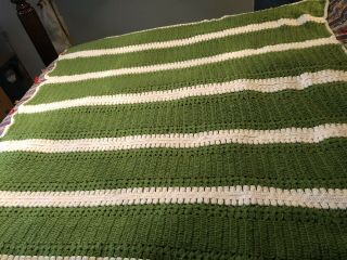 Vintage Handmade Green And White Striped Afghan Crochet Knitted Blanket Throw 2