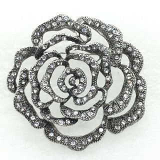 Vintage Rose Flower Silhouette Brooch Pin Rhinestone Silver Tone Costume Jewelry