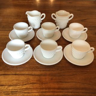 Vintage Westmoreland Milk Glass Tea Set Of 6 Cups Saucers Creamer And Sugar