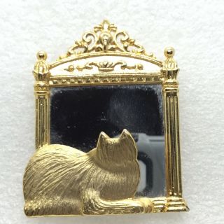 Signed Jj Vintage Cat Reflection In Glass Mirror Brooch Pin Costume Jewelry