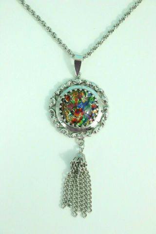 Vintage Whiting Davis 18 " Pendant Necklace Colorful Cabochon Brooch Fringe