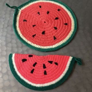 Vtg Hand Crochet Pot Holder 2pc Watermelon Slices Trivet Mid Century Spring