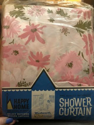 Vintage 1960 - 1970 Vinyl Shower Curtain Mod Pink Floral Flowers Nos