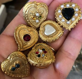Vintage Heart Shaped Rhinestones Gold Tone Button Covers Set Of 6
