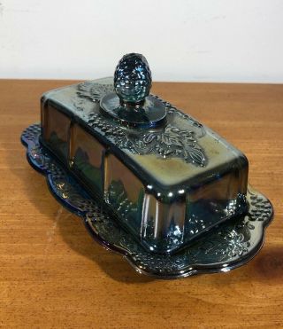 Vintage Indiana Carnival Glass Blue Iridescent Harvest Covered Butter Dish
