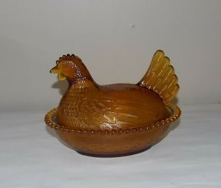 Vintage Indiana Amber Glass Hen Chicken On A Nest Covered Dish Beaded
