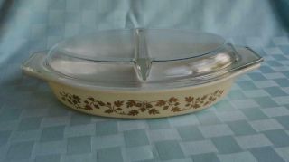Vintage Pyrex Golden Acorn Divided Casserole Dish,  Lid Oval 1.  5 Qt