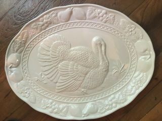 Vtg White Embossed Ceramic Turkey Platter For Thanksgiving - Fruit/flower Japan