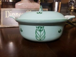 Vtg Dru 20 Green Blue Tulip Enamel Cast Iron Casserole Dish Pot Made In Holland