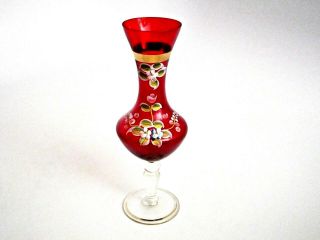 Hand Painted Vintage Ruby Red Bohemian Czech Glass Vase - Enamel Flowers W/ Gold