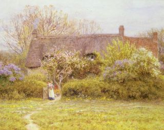 Old English Country Life Thatch Cottage 8x10 Print Vintage Scene Lilacs Art 093