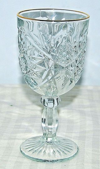 Vintage Libbey Hobstar Wine Glass Water Goblet Pressed Clear Glass Gold Rim