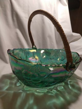 Vintage Indiana Glass Fruit Bowl Green Carnival Glass With Wicker Handle