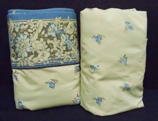 Vintage Jc Pennys Twin Set Fitted Flat Sheets Tan W/brown & Blue Flowers Fabric