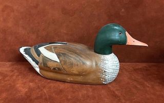 Vintage Carved & Hand Painted Wood Duck Decoy Glass Eye 12 " Length Euc