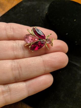 Vintage Signed Dodds,  Bee,  Fly Bug,  Pin.  Brooch Red Pink Color Rhinestones