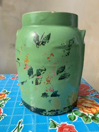 Vintage Stoneware Crock Cookie Jar With Lid,  Green Glaze,  Handcrafted