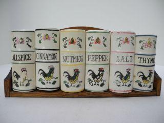 Vintage 6 - Piece Rooster Spice Set With Wood Rack - Shakers Books - Made In Japan