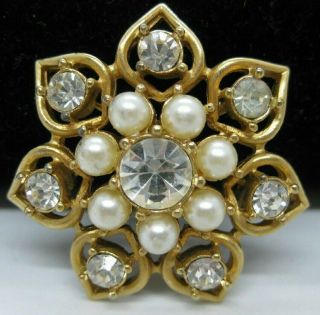Vintage Sarah Coventry - Gold Tone Floral Pin Brooch W/faux Pearl Rhinestones