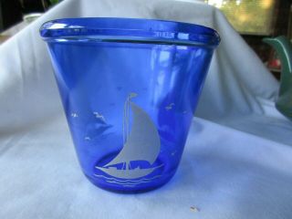 Vintage Hazel - Atlas Glass Cobalt Blue Ice Bucket With White Ships