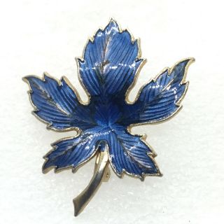 Vintage Maple Leaf Brooch Pin Blue Guilloche Enamel Gold Tone Costume Jewelry
