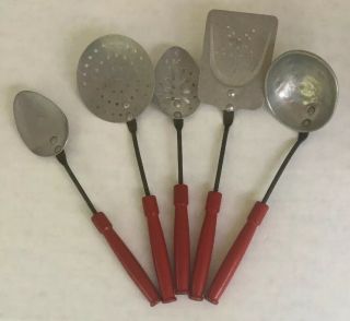 Vintage 5 Piece Child’s Red Handled Cooking Utensil Set