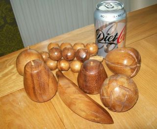7 Vintage Hand Turned Wooden Fruits - Grapes,  Banana,  Pears Etc.
