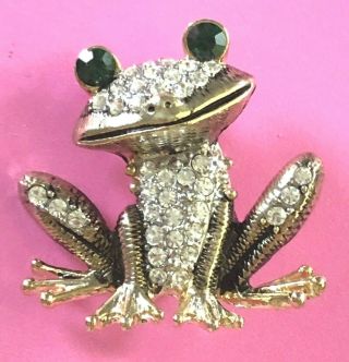 Vintage Jewelry Frog Clear Rhinestones Green Eyes Gold Tone Brooch Pin