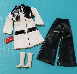 60s Mod Barbie Clone 4pc Outfit - Trench Coat Pants Boots Purse Clutch Hong Kong