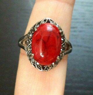 Stunning Vintage Estate Red Stone & Marcasite Floral Sz 9 Ring 5401l