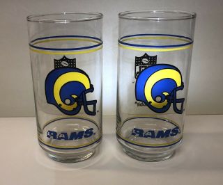 Nfl Vintage Mobil Gas 1980s La Rams Football Drinking Glasses.  Set Of 2.