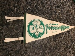 Vintage 1950 Girl Scouts White Green Felt Pennant Flag Banner Camp Potomac Woods