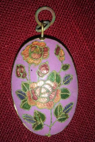 Vintage Double Sided Enamel Cloisonne Red Pink Roses Flowers Puffy Pendant