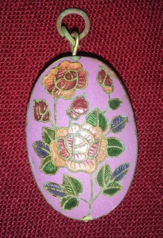 VINTAGE DOUBLE SIDED ENAMEL CLOISONNE Red Pink Roses Flowers PUFFY PENDANT 2