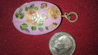 VINTAGE DOUBLE SIDED ENAMEL CLOISONNE Red Pink Roses Flowers PUFFY PENDANT 4