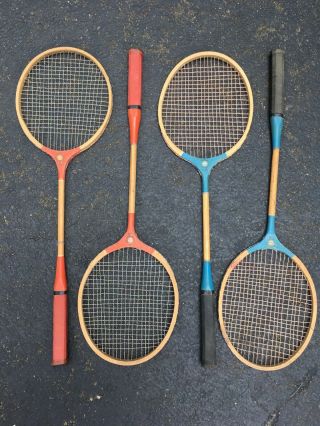 Vintage Wooden Badminton Racquet Set Blue Ribbon 4 Piece Red And Blue Team