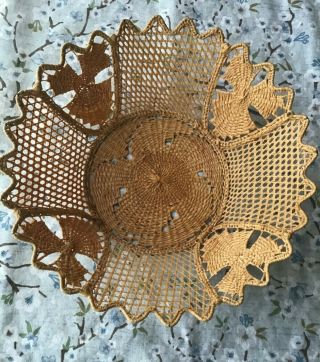 Vintage Stiffened Doily Basket Wall Hanging Beige Crochet Look Basket