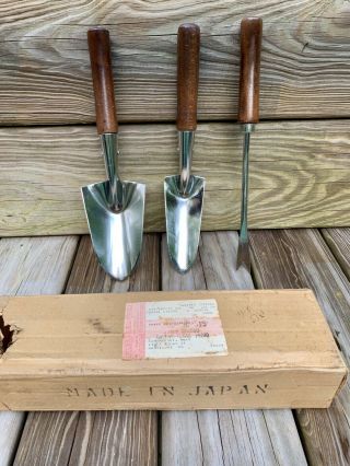 Vintage Garden Tools,  Set Of 3,  Stainless Steel Wood Handle Box