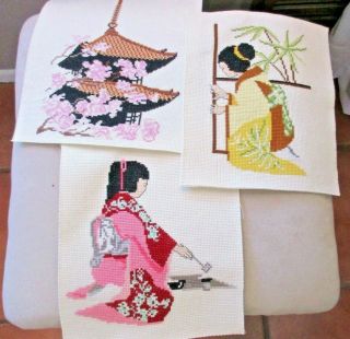 3 - Vintage Finished Wall Art Cross Stitch - 1pagoda,  2 Geishas In Kimonos 8 " X 10