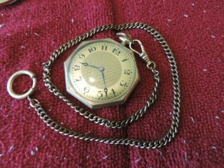 Art Deco Langendorf Everbrite Swiss Made 7j Jewel Pocket Watch W/ 12k Gf Chain