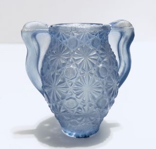 Vintage Blue Heavy Cut Glass Double Handle Vase