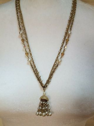 Vintage Multi Chain Goldtone Faux Pearl Iridescent Faceted Bead Tassel Necklace
