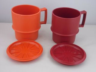 Vintage Tupperware Stacking Coffee Cups /mugs And Coasters Red And Orange