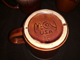 Set Of 4 Vintage Mccoy Pottery Brown Drip Glaze Coffee Mugs Cups And Sugar Bowl