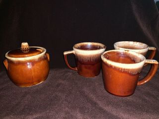 Set of 4 Vintage McCoy Pottery Brown Drip Glaze Coffee Mugs Cups And Sugar Bowl 2