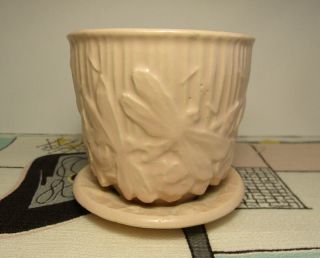 Vtg Mccoy Art Pottery Matte Pink Dragonfly Planter Flower Pot W/ Underplate 3.  5 "
