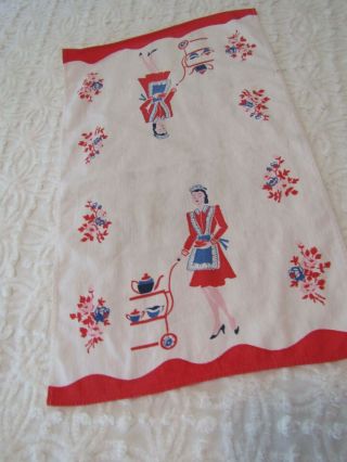 Vintage Kitchen Towel Retro Floral Lady Woman Tea Cart Sturdy Herringbone Weave 2