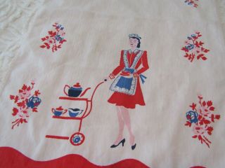 Vintage Kitchen Towel Retro Floral Lady Woman Tea Cart Sturdy Herringbone Weave 3