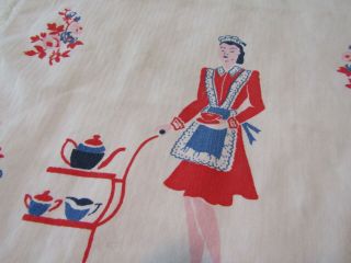 Vintage Kitchen Towel Retro Floral Lady Woman Tea Cart Sturdy Herringbone Weave 4